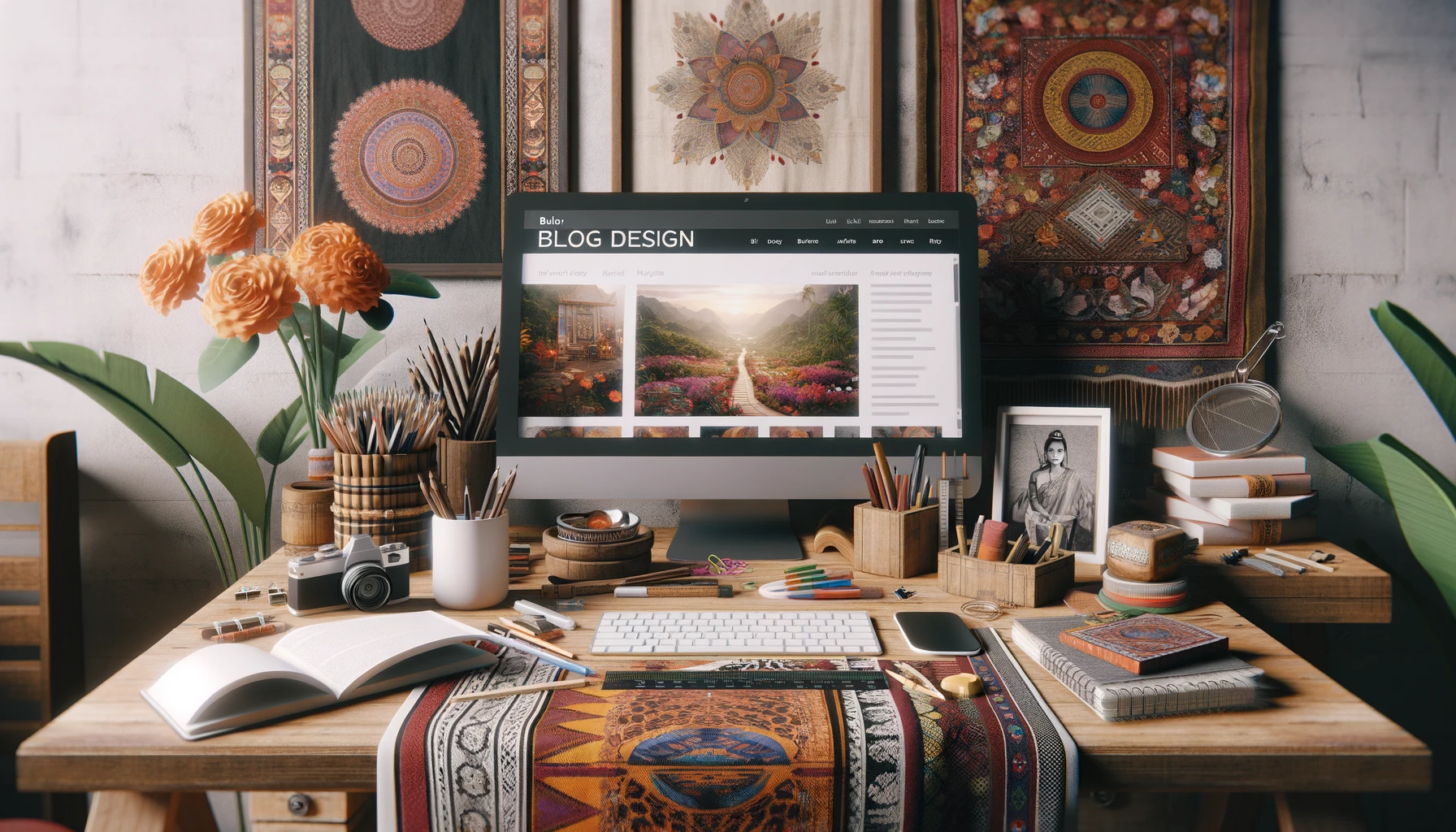 Creative workspace showcasing blog design inspiration, merging Chiang Mai’s cultural aesthetics with digital content strategy tools."