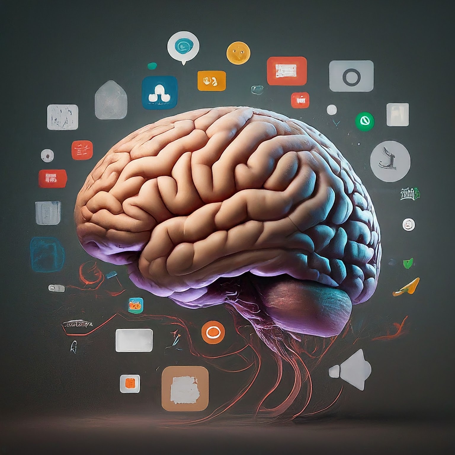 A photorealistic image of a brain with various design elements like icons, buttons, and navigation menus flowing around it. Text overlay reads: "The Psychology of UX/UI Design: Understanding Users Through the Power of the Mind."